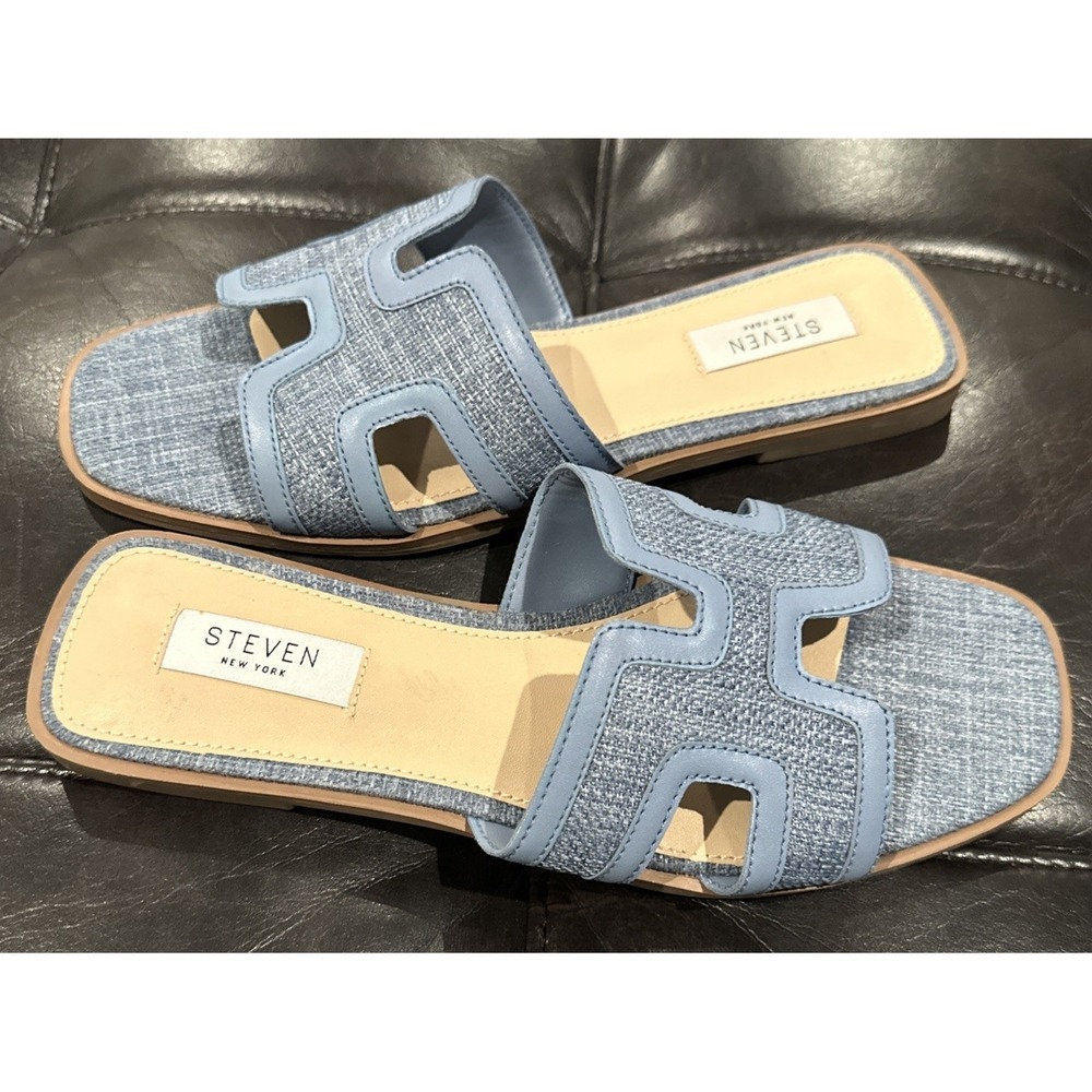Steven New York Women Size 8 Harlien Blue Denim Tweed H Casual Slide Sandals